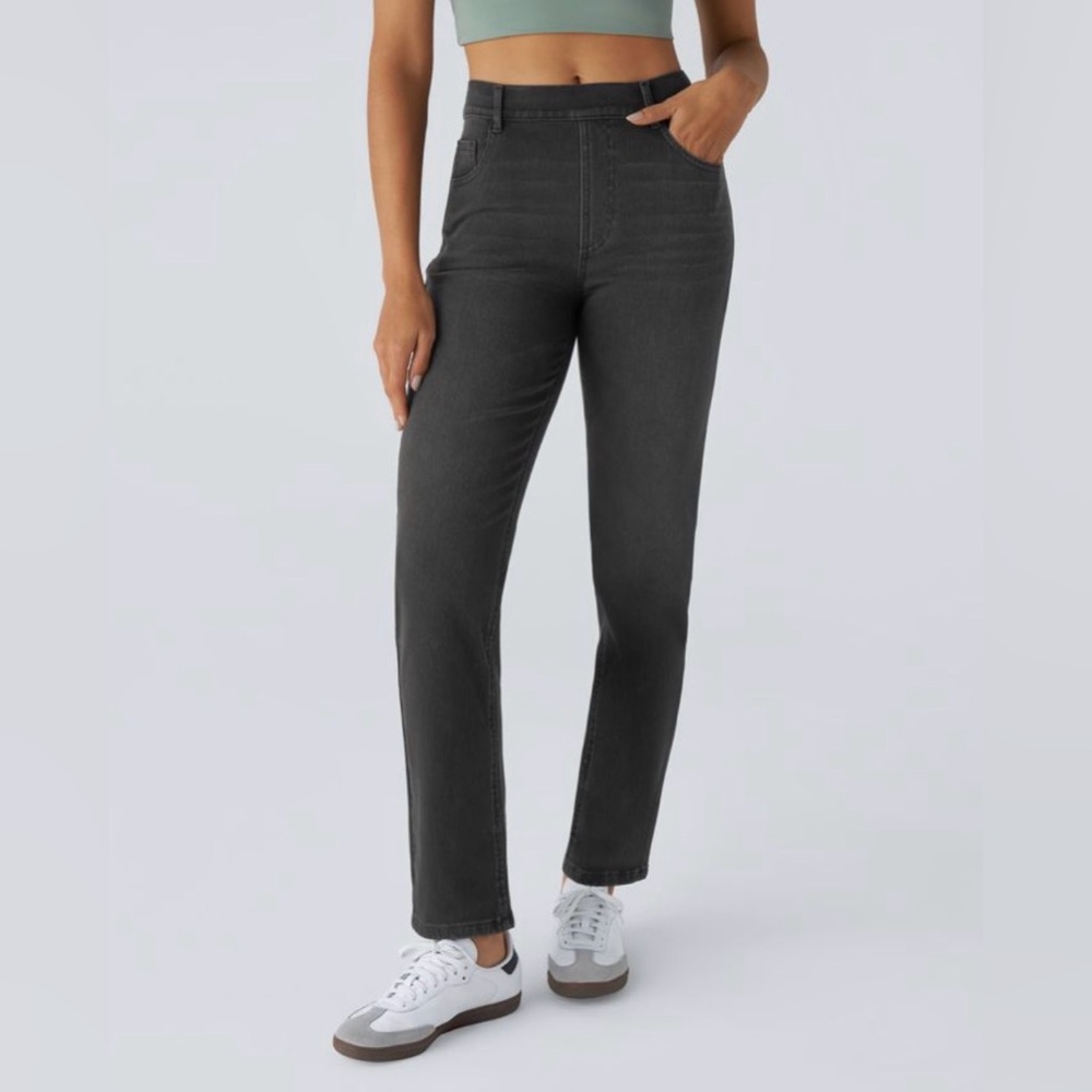 Halara Flex High Waisted Straight Leg Washed Stretchy Knit Casual Jeans